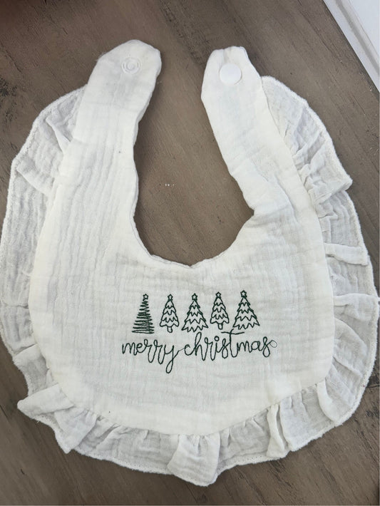 Embroidered Merry Christmas Bib || Christmas Bib || Muslin ruffle Bib ||