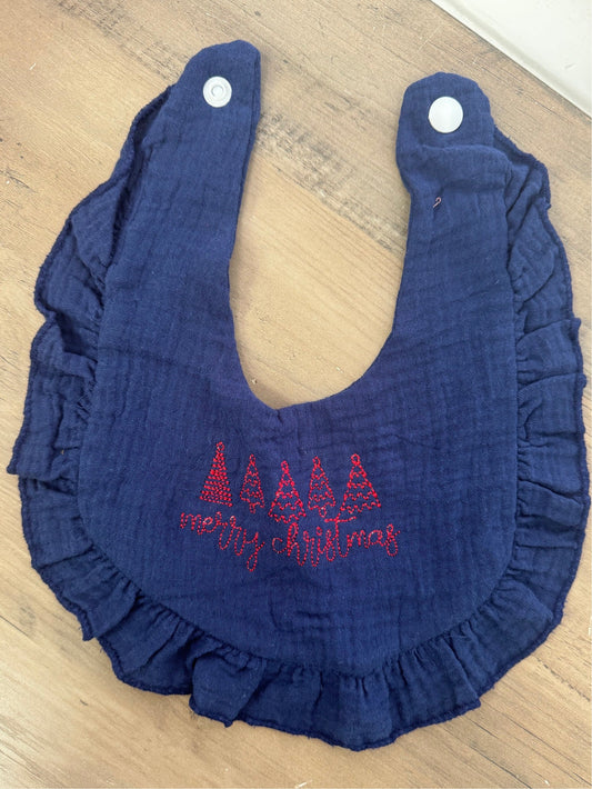 Embroidered Merry Christmas Bib || Christmas Bib || Muslin ruffle Bib ||