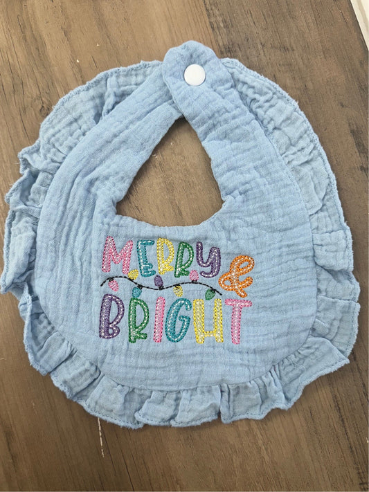 Embroidered Merry &Bright Bib || Christmas Bib || Muslin ruffle Bib ||