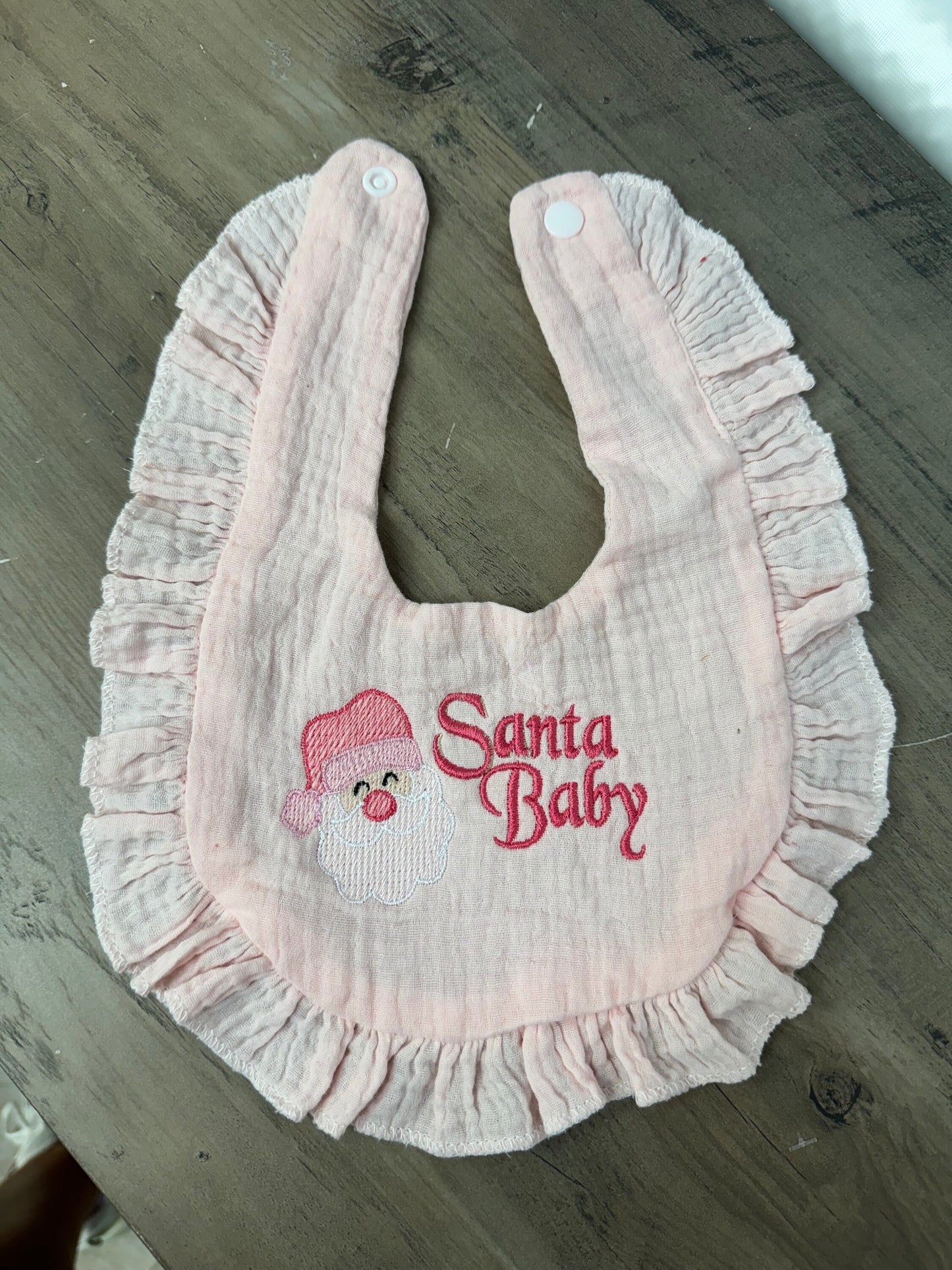 Embroidered Santa Baby Bib || Christmas Bib || Muslin ruffle Bib ||