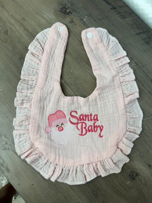 Embroidered Santa Baby Bib || Christmas Bib || Muslin ruffle Bib ||