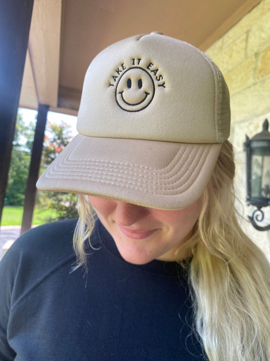 Take It Easy Foam Trucker Hat | Foam Trucker Cap | Beige Foam Hat